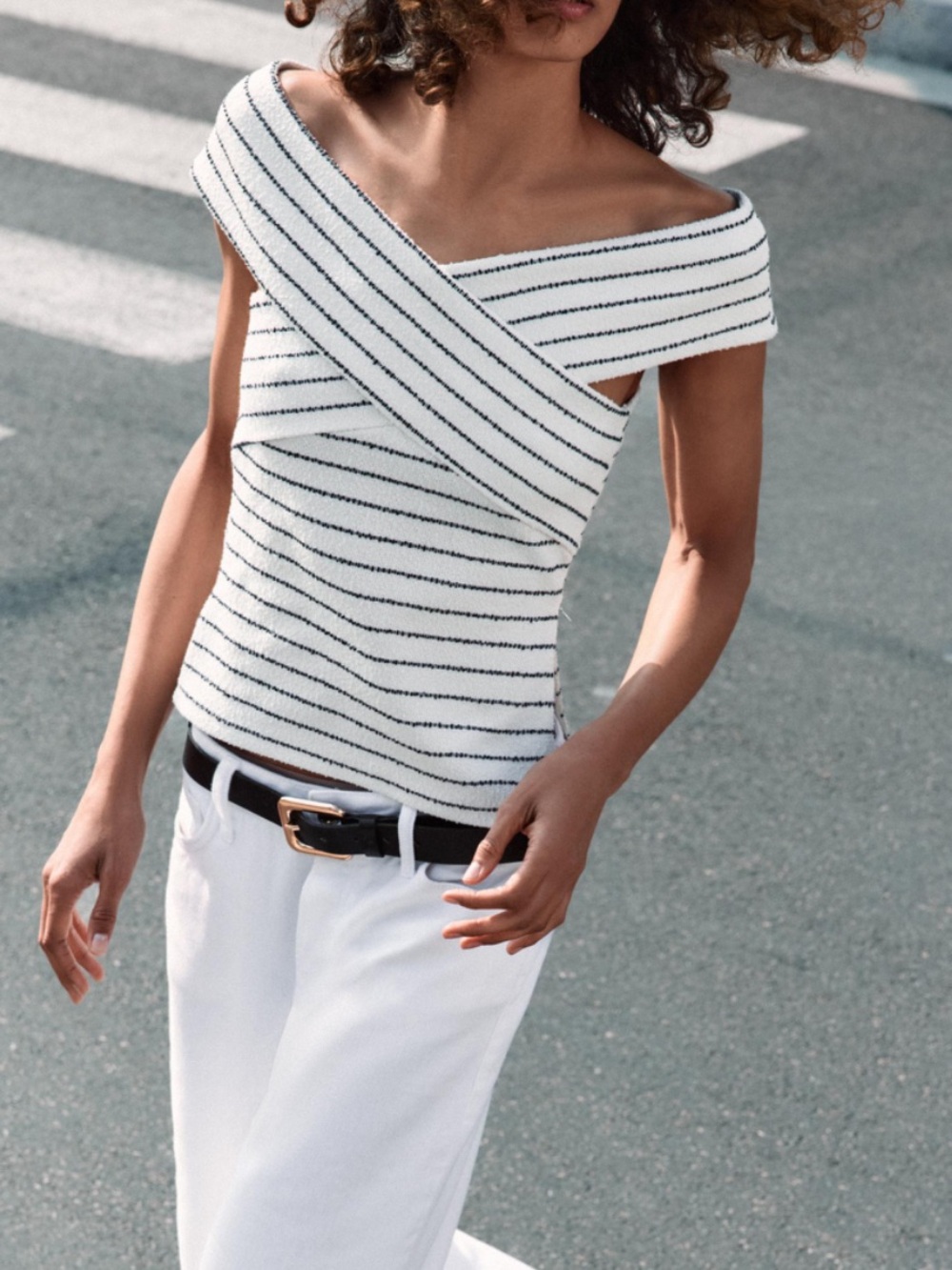 Zara White Ribbed Top with Black Stripes